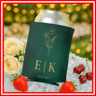Enfriador De Latas Boda de flores silvestres con monograma verde esme