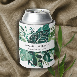 Enfriador De Latas Boda de follaje verde de Monstera Tropical Moderno
