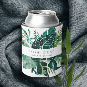 Enfriador De Latas Boda de follaje verde de Monstera Tropical Moderno