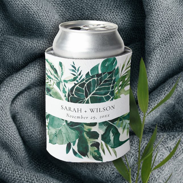 Enfriador De Latas Boda de follaje verde de Monstera Tropical Moderno (Subido por el creador)