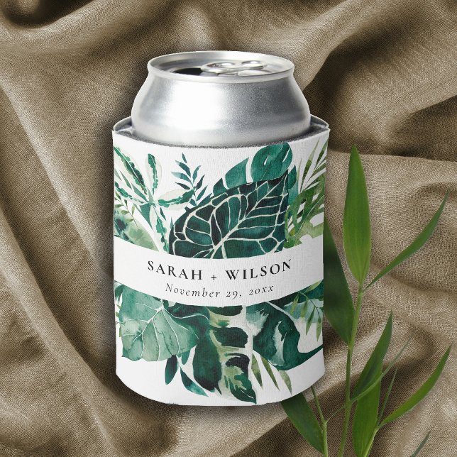 Enfriador De Latas Boda de follaje verde de Monstera Tropical Moderno (Subido por el creador)