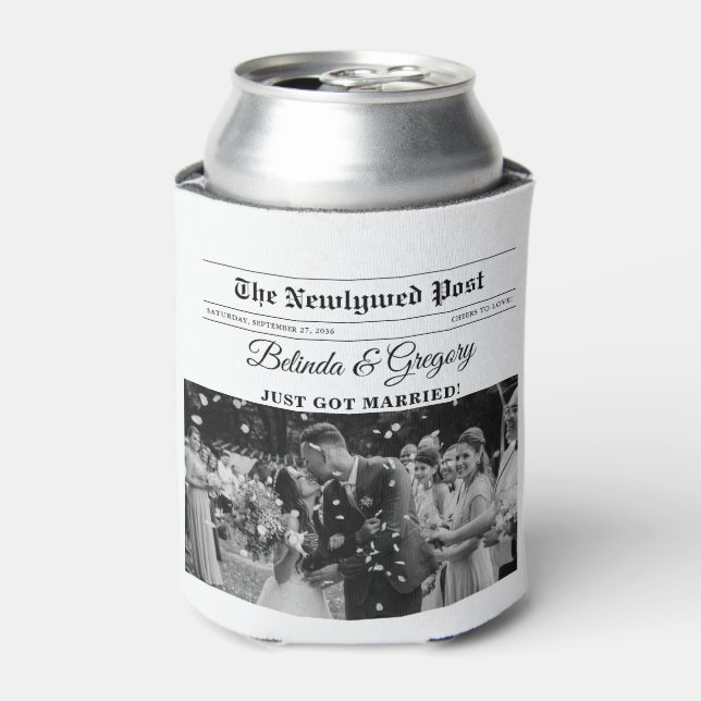 Enfriador De Latas Boda de fotos en blanco y negro de periódico boda (Lata Anverso)