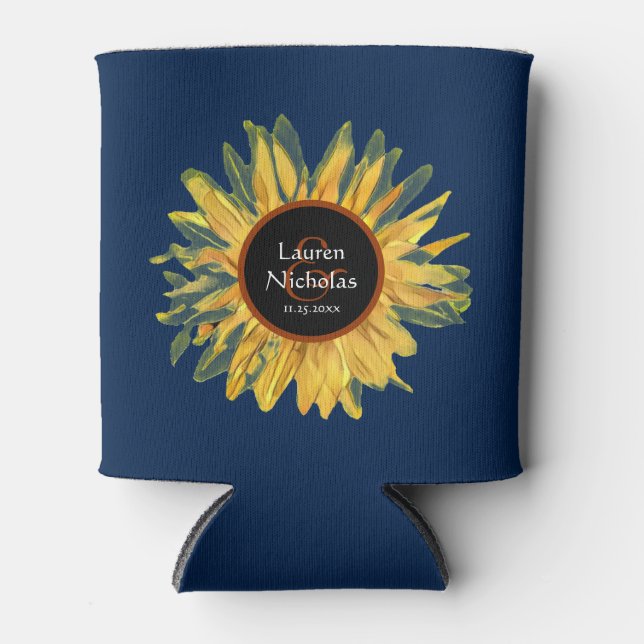 Enfriador De Latas Boda de girasol ruso azul personalizado (Anverso)