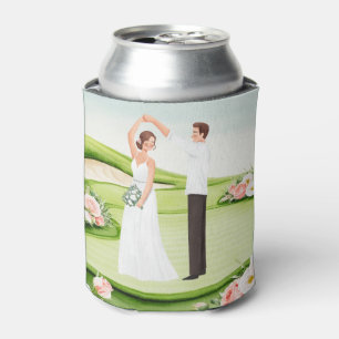 Enfriador De Latas Boda de golf Bride y Groom Golfer en verde