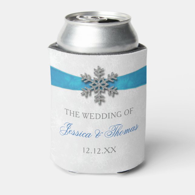 Enfriador De Latas Boda de Invierno Diamante Snowflake & Blue Ribbon (Reverso de la lata)