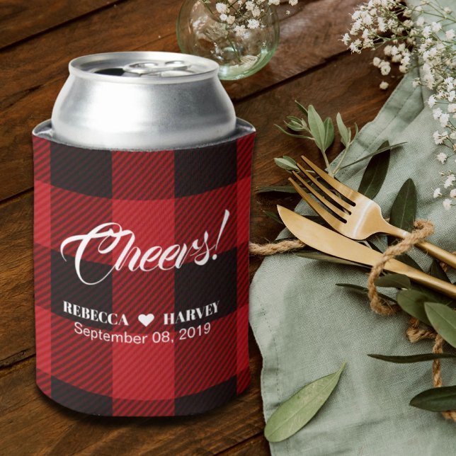 Enfriador De Latas boda de invierno rústica de búfalo rojo (red buffalo plaid rustic winter wedding can cooler)