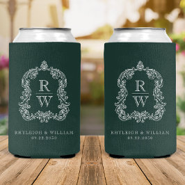 Enfriador De Latas Boda de la Cresta del Bosque Verde Monograma