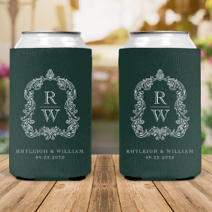 Enfriador De Latas Boda de la Cresta del Bosque Verde Monograma