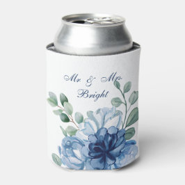 Enfriador De Latas Boda de monograma floral acuarela azul polvoriento