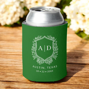 Enfriador De Latas Boda de monograma moderno Escudo verde esmeralda