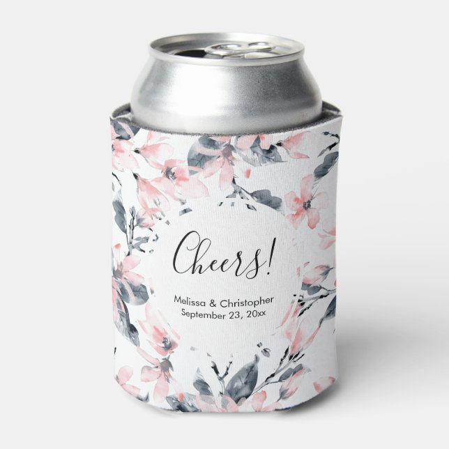 Enfriador De Latas Boda de patrón de acuarela floral rosa y gris (Lata Anverso)