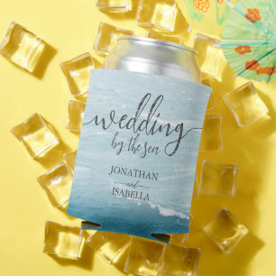 Enfriador De Latas Boda de verano junto al mar azul ondulado ombre oc