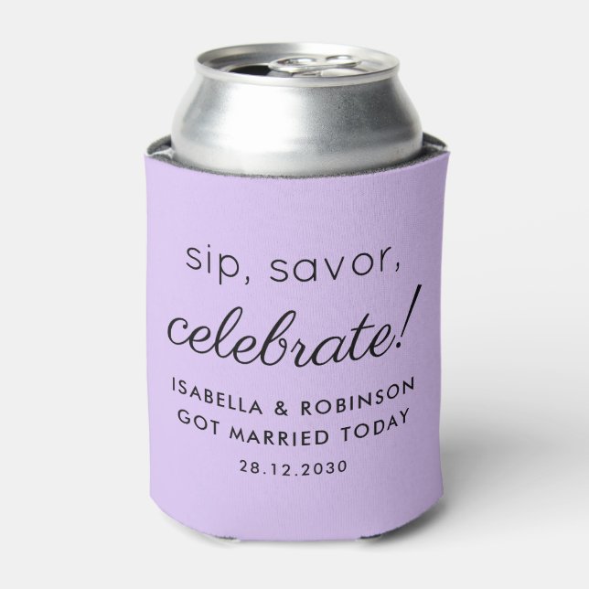 Enfriador De Latas Boda Favor Sip Savor Celebra Morple Funny (Lata Anverso)