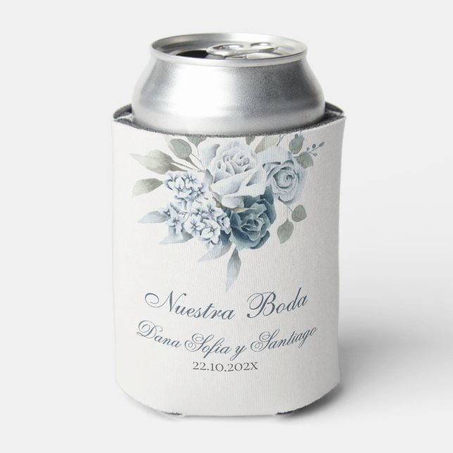 Enfriador De Latas Boda Floral Azul Español (Lata Anverso)