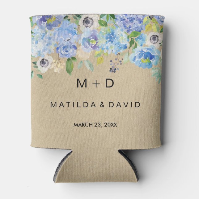 Enfriador De Latas Boda floral azul ruso (Anverso)