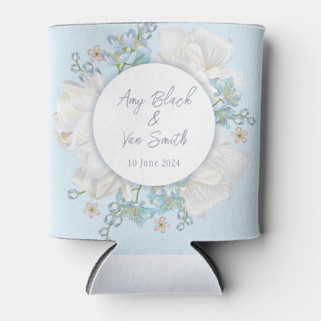 Enfriador De Latas Boda Floral Azul Tulip (Anverso)