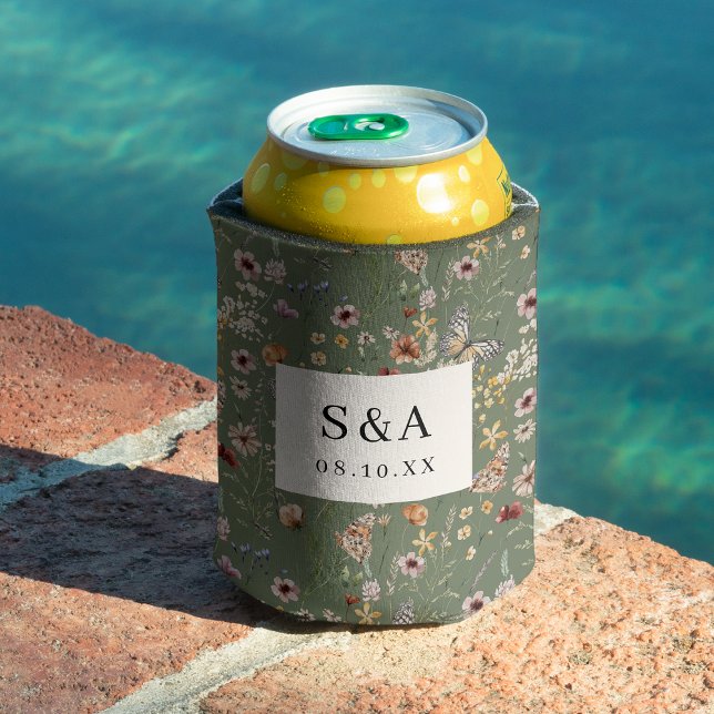 Enfriador De Latas Boda Floral Boho (Sage Green Floral Boho Wedding Can Cooler with Butterflies by Painted Paperie
)