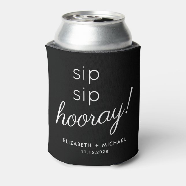Enfriador De Latas Boda Invitado Sip Sip Hooray Negro (Reverso de la lata)