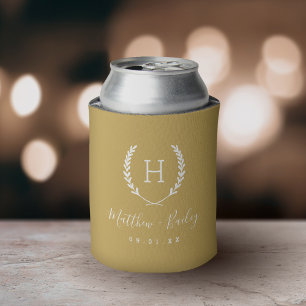 Enfriador De Latas Boda Laurel Escudo Monograma Amarillo mostaza