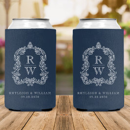 Enfriador De Latas Boda Monograma Cresta Azul Marino