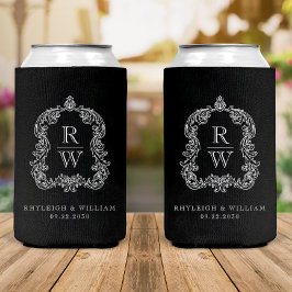 Enfriador De Latas Boda Monograma Cresta Negro y Blanco