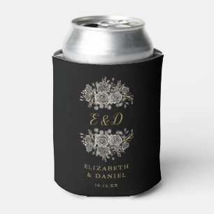 Enfriador De Latas Boda Monograma Floral Gótico de Oro y Negro