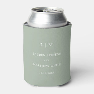 Enfriador De Latas Boda Monograma Verde Salvia Simple y Elegante
