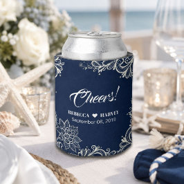 Enfriador De Latas boda náutica de playa de encaje blanco y azul mari