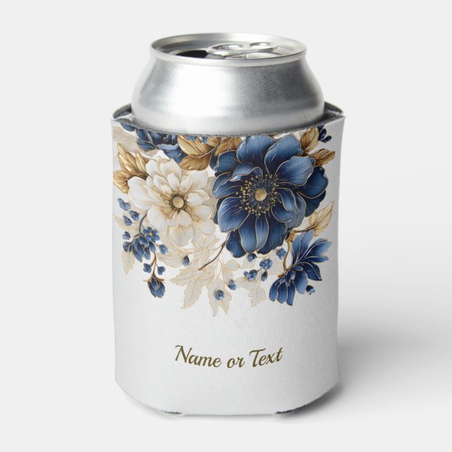 Enfriador De Latas Boda Navy Blue White Golden Floral Silver (Lata Anverso)