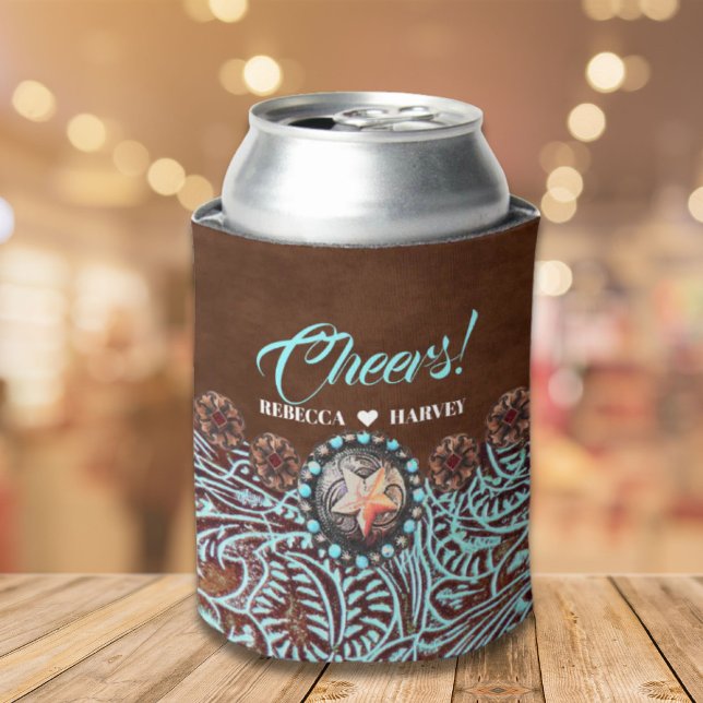 Enfriador De Latas boda occidental del país de vaquero marrón turques (turquoise brown cowboy country western wedding can cooler)