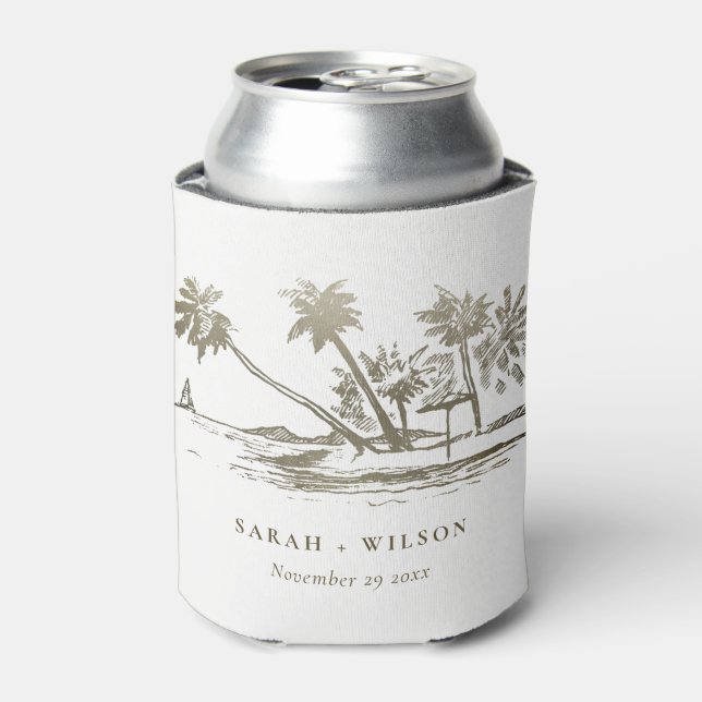 Enfriador De Latas Boda Palm Tree Sketch Pale Gold (Lata Anverso)