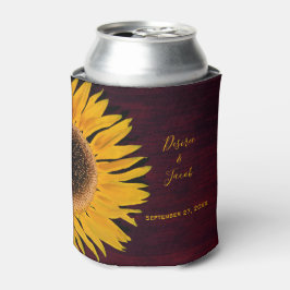 Enfriador De Latas Boda Rústico Yellow Sunflower Burgundy Wood