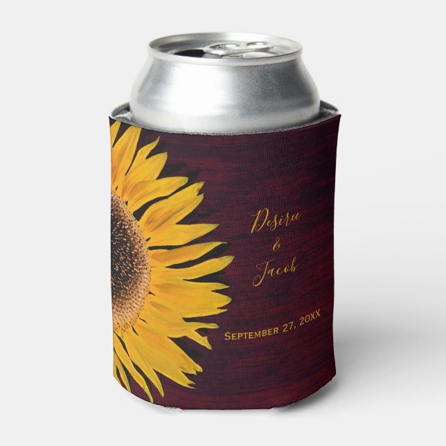 Enfriador De Latas Boda Rústico Yellow Sunflower Burgundy Wood (Lata Anverso)