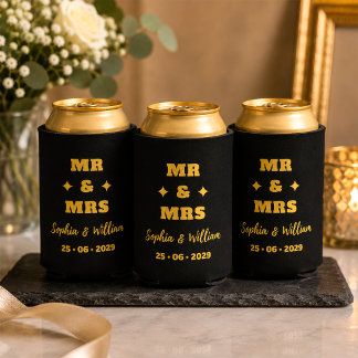 Enfriador De Latas Boda Sr. y Sra. en Negro y Dorado