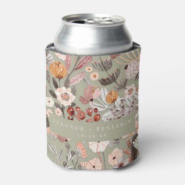 Enfriador De Latas Boho floral de tazas verdes rusticas de sabio casa (Lata Anverso)