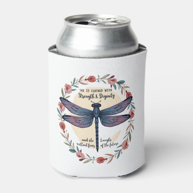 Enfriador De Latas Boho Floral Dragonfly Está Vestida Con Fuerza (Lata Anverso)