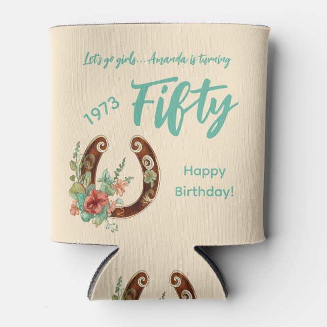 Enfriador De Latas Boho Horseshoe Wildflowers 50º cumpleaños (Anverso)