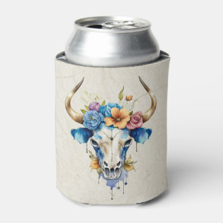 Enfriador De Latas Boho Moda Watercolor Floral Cow Skull