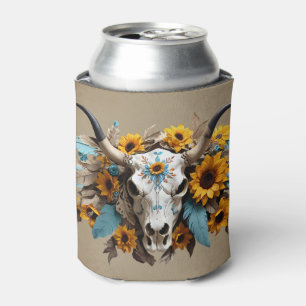 Enfriador De Latas Boho Moda Watercolor Foco de girasol Cow Skull