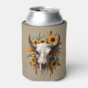 Enfriador De Latas Boho Moda Watercolor Foco de girasol Cow Skull
