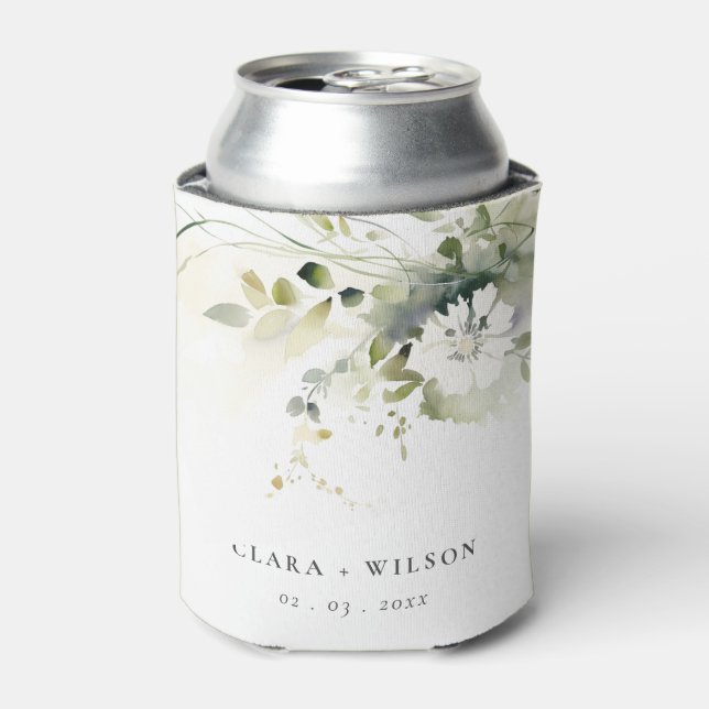 Enfriador De Latas Boho moderno Resumen Boda floral blanca verde (Lata Anverso)