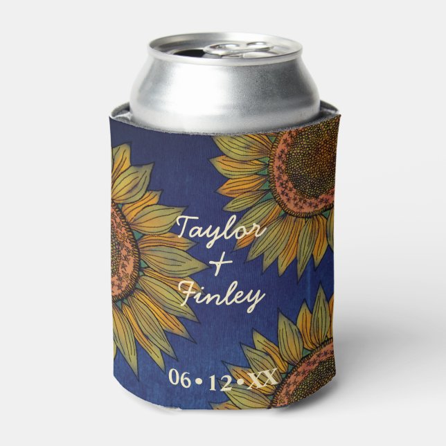 Enfriador De Latas Boho Navy Blue Rustic Boda acuarela Sunflower (Lata Anverso)