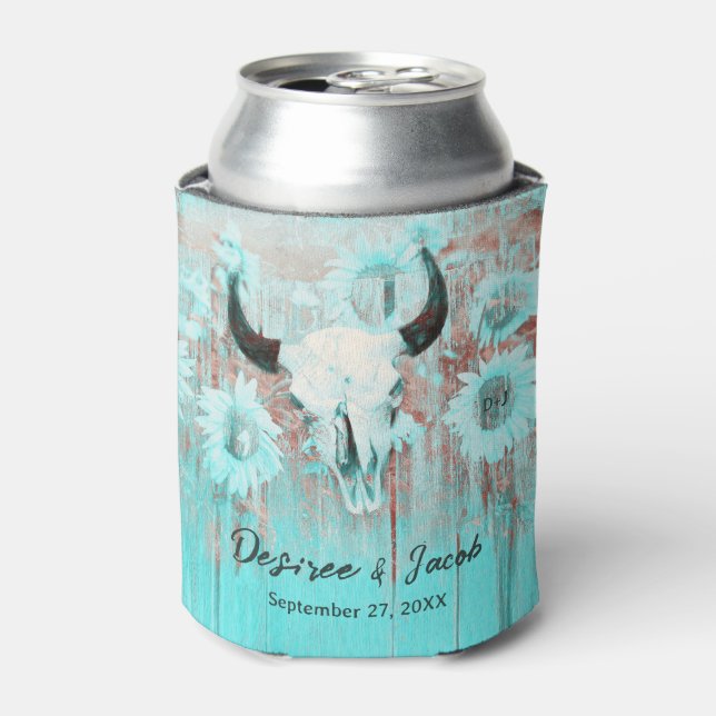 Enfriador De Latas Boho ruso Verde azulado Western Sunflowers Bull Sk (Lata Anverso)