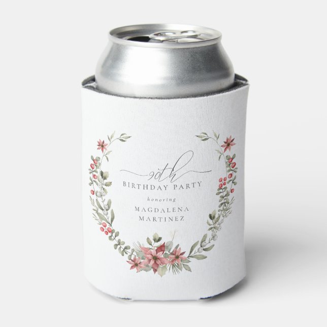 Enfriador De Latas Boho Winter Greenery Red Floral 90 cumpleaños (Lata Anverso)