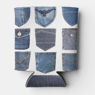 Enfriador De Latas Bolsillos de jeans, fondo blanco aislado.
