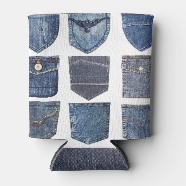 Enfriador De Latas Bolsillos de jeans, fondo blanco aislado. (Anverso)