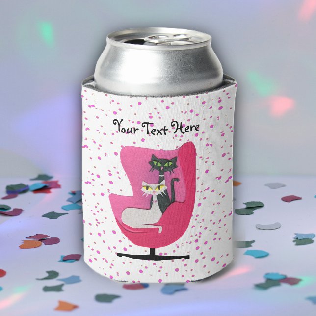 Enfriador De Latas Bonito Black White Gats Pink Chair Polka Dots (Pretty atomic 1950's cats sitting in pink chair on white with pink polka dots drink can cooler.)