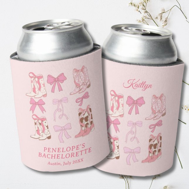 Enfriador De Latas Boots & Bows Cowgirl Rosa Girly Bachelorette (Boots and Bows Pink Girly Bachelorette Party Can Cooler)