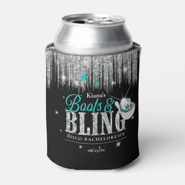 Enfriador De Latas Boots 'n Bling Disco Bachelorette ID Verde azulado (Lata Anverso)