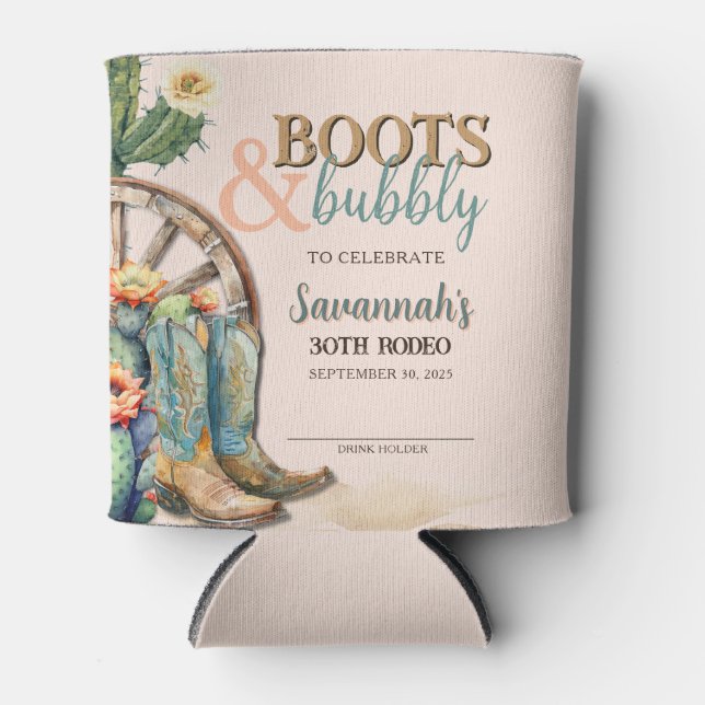 Enfriador De Latas Boots y Bubbly Country Western Cactus Cumpleaños (Anverso)